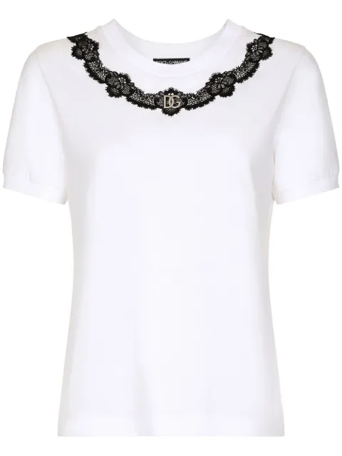 Dolce & Gabbana DG-logo lace-detail T-shirt White F8T00ZG7H1Z