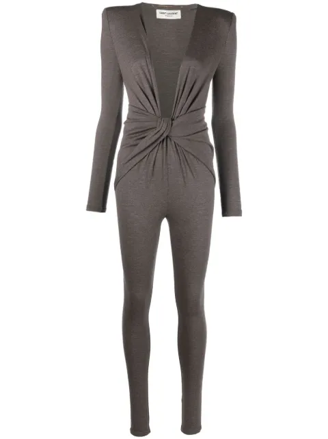 Saint Laurent twist-detail V-neck jumpsuit Brown 696300Y5F26
