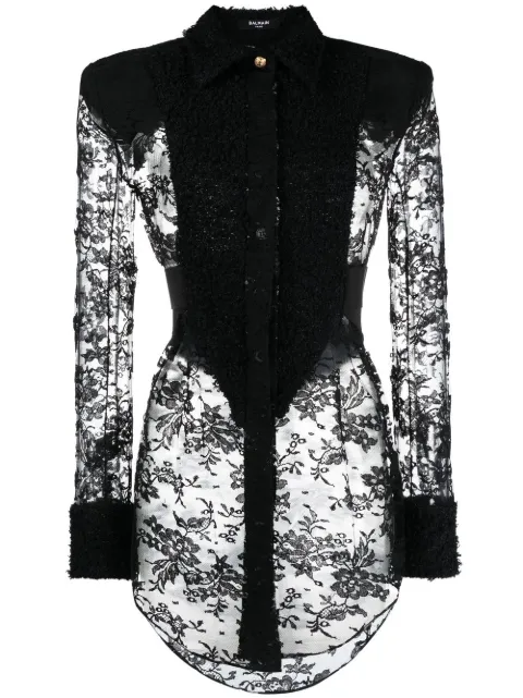 Balmain Tweed and lace plastron shirt Black YF0HQ011CC60