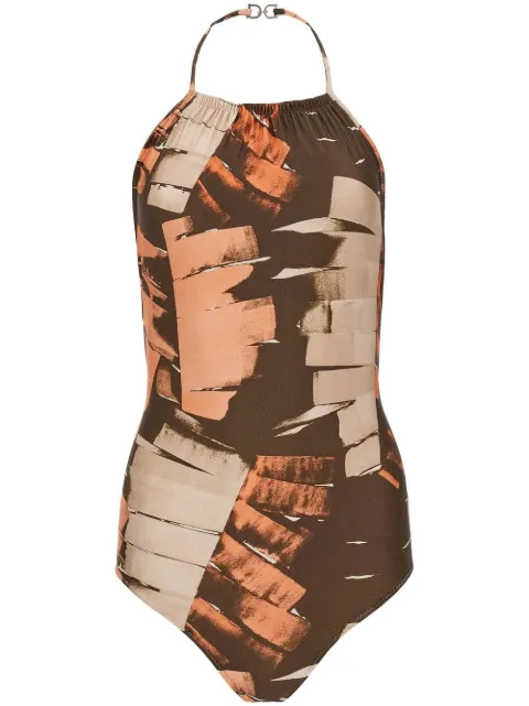 Ferragamo palm-print halterneck swimsuit Brown 755578