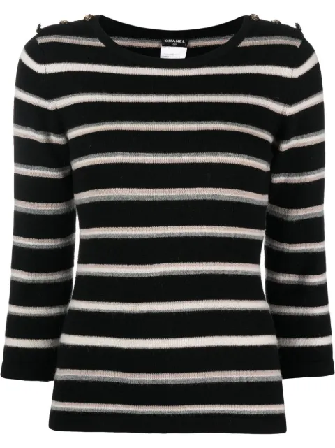 CHANEL Pre-Owned 2010 CC-buttons striped cashmere jumper Black CHA980PE