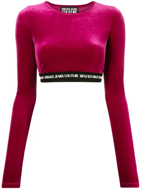 Versace Jeans Couture logo-waistband cropped velvet top Red 73HAH218J0008