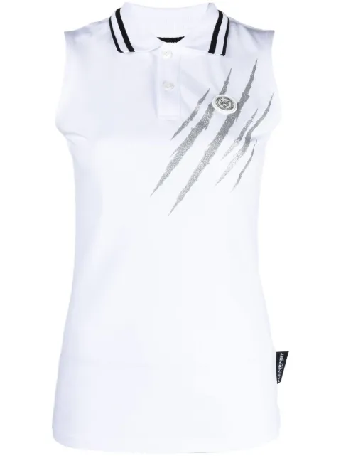 Plein Sport scratch-print sleeveless polo shirt White SACCWTK2710STE003N