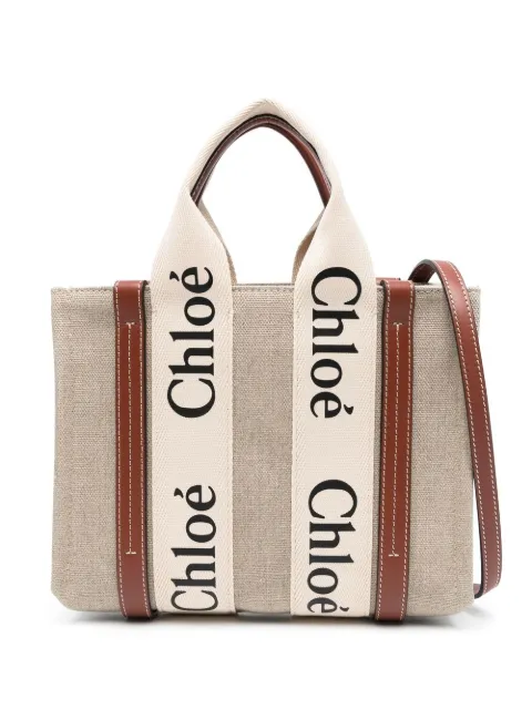 Chloé small woody tote bag in linen Neutrals CHC22AS397I26