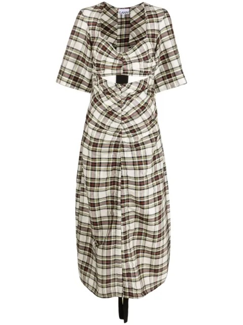 GANNI ruched plaid midi dress Black F7382