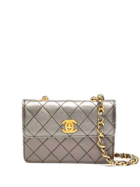 CHANEL Pre-Owned 1989-1991s micro mini flag bag Metallic CHANELVINTAGE90SMICROMINIMETALLICCHARCOALGREYQUILTEDLAMBSKINFLAPBAG