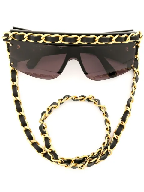 CHANEL Pre-Owned 1990-2000s leather-and-chain visor sunglasses Black SU0145694305