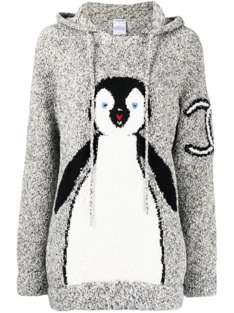 CHANEL Pre-Owned 2007 penguin-intarsia hooded jumper Black 07AP31741K00634M5549