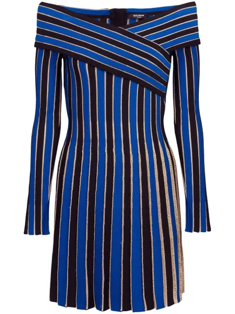 Balmain striped off-shoulder dress Blue AF1R9856KD75