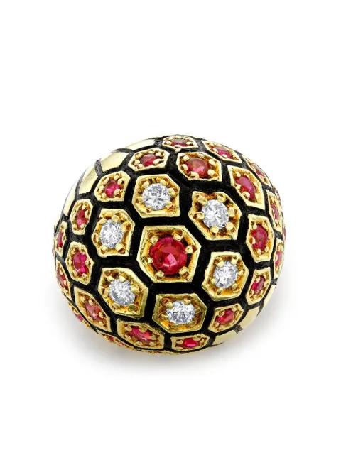 Pragnell Vintage 1970s 18kt yellow gold Retro diamond and ruby honeycomb dress ring Gold 258083