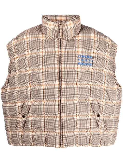 Liberal Youth Ministry appliqué-lettering check-pattern gilet Neutrals LYM02C005