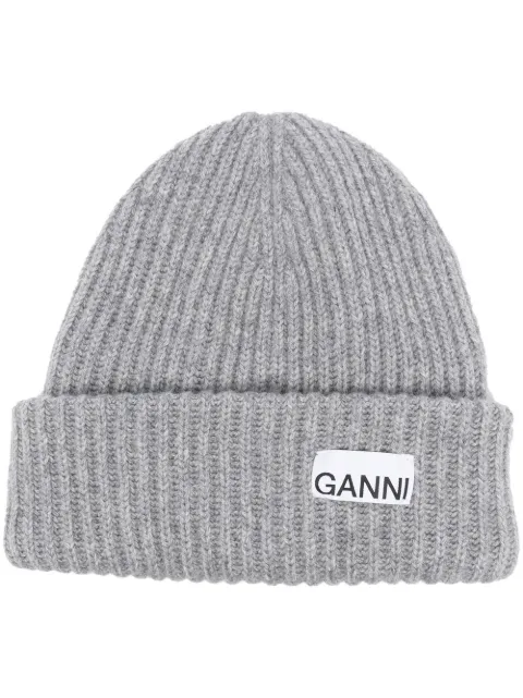 GANNI logo-patch rib-knit beanie Grey A4429921