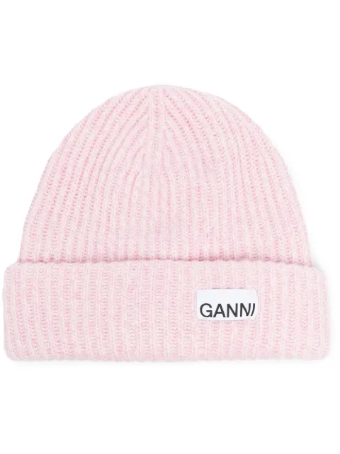 GANNI logo-patch ribbed-knit beanie Pink A44295789