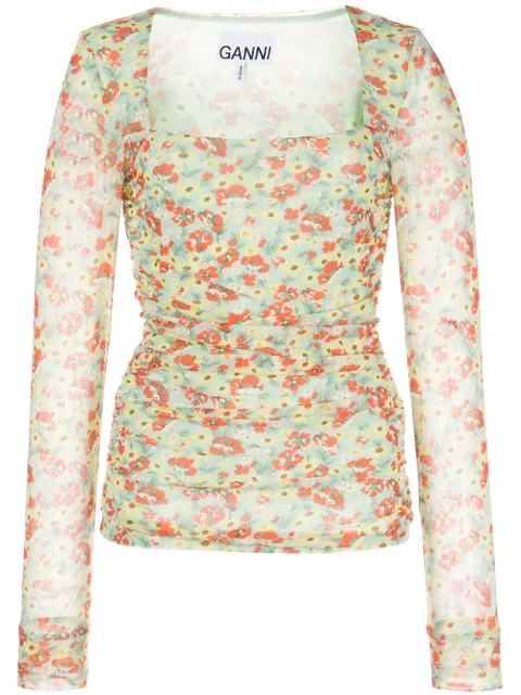 GANNI floral-print mesh top Blue T3323