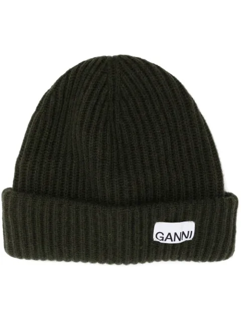 GANNI logo-patch ribbed-knit beanie Green A4429