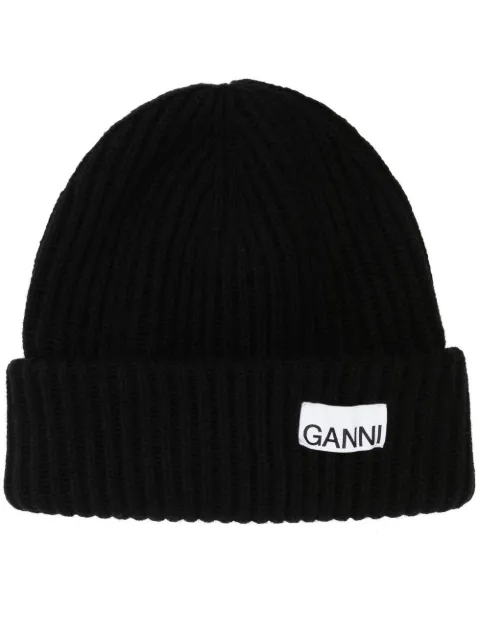 GANNI logo-patch ribbed-knit beanie Black A4429