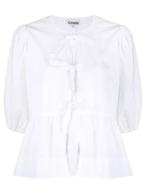 GANNI cotton poplin peplum tie blouse White F7364
