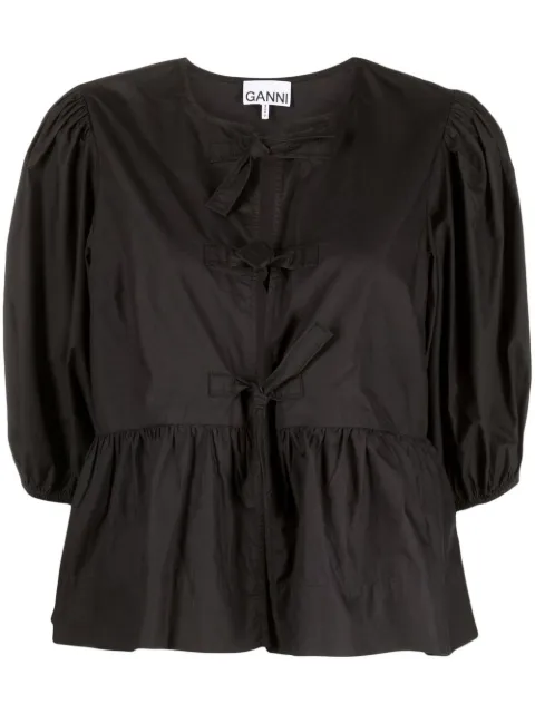GANNI cotton poplin peplum tie blouse Black F7364