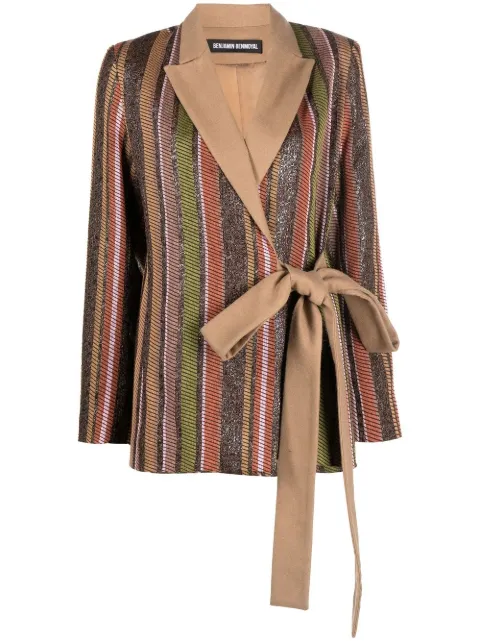 Benjamin Benmoyal striped belted blazer Brown AW22JA001