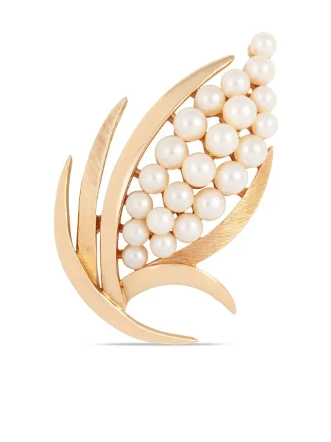 Susan Caplan Vintage 1960s Trifari faux-pearl leaf brooch Gold PN024713