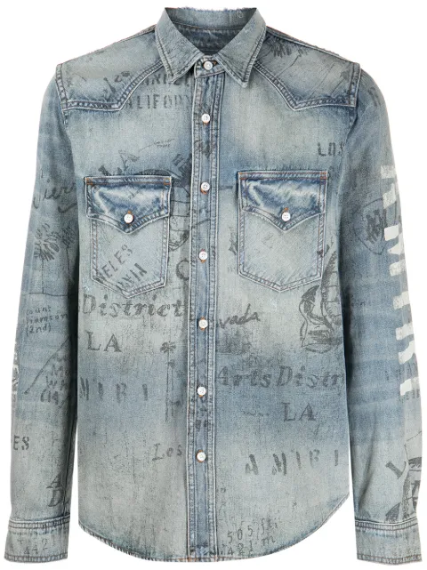 AMIRI distressed logo print denim shirt Blue PF22MDS002