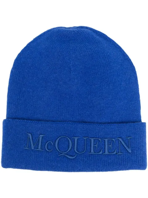 Alexander McQueen logo-embroidered knitted hat Blue 6631954201Q