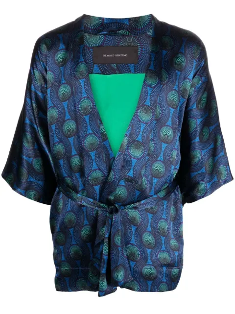 OZWALD BOATENG short geometric-print tie-waist jacket Blue 902L5002