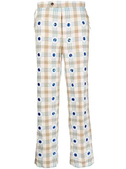 BODE embellished checked straight-leg trousers White MRBT000015