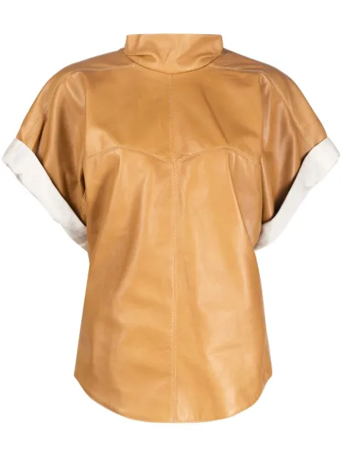 ISABEL MARANT Baiao roll-sleeve leather top Brown HT236222A004I