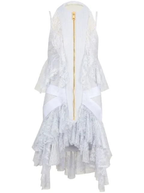 Balmain lace-panelled ruffle mini dress Grey YF0R5185VC30