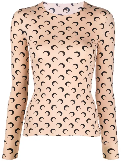 Marine Serre moon printed jersey long-sleeves crewneck top Neutrals WTS006ACJER0001
