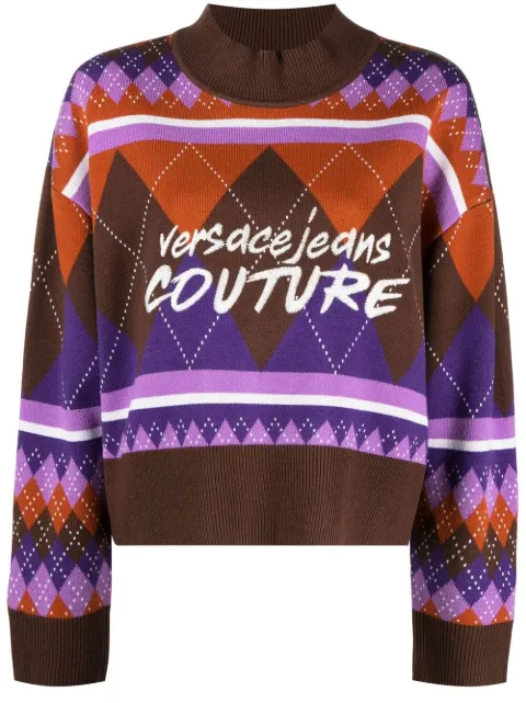 Versace Jeans Couture argyle-knit logo-embroidered jumper Brown 73HAFM01CM13N
