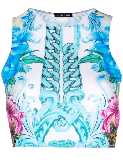 Philipp Plein Hawaii-print cropped top Blue SACCWRK0503PJY002N