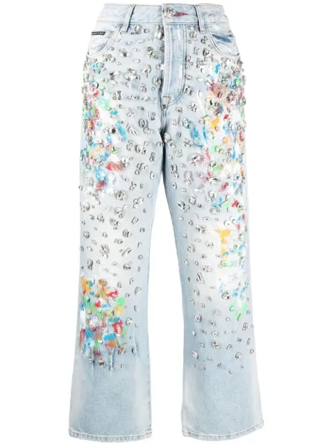 Philipp Plein cropped rhinestone-embellished jeans Blue SACCWDT2074PDE004N
