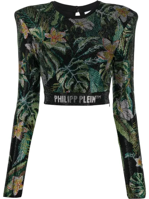 Philipp Plein crystal-embellished long-sleeved top Black SACCWRK0483PTE003N