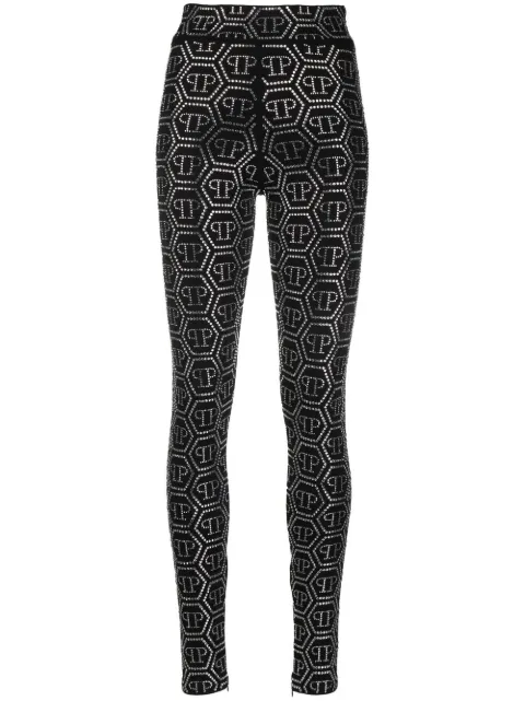 Philipp Plein monogram-print embellished leggings Black SACCWRT1213PTE003N
