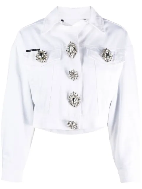 Philipp Plein crystal button cropped denim jacket White SACCWDB0576PDE004N