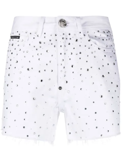 Philipp Plein crystal-embellished denim shorts White SACCWDT2349PDE004N