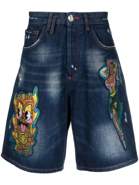 Philipp Plein patch-detail knee-length denim shorts Blue SACCMDT3418PDE004N