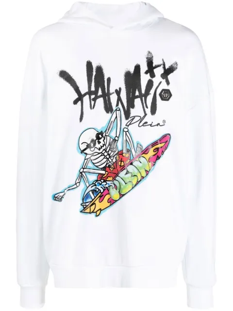 Philipp Plein Hawaii-print cotton hoodie White SACCMJB2907PJO002N