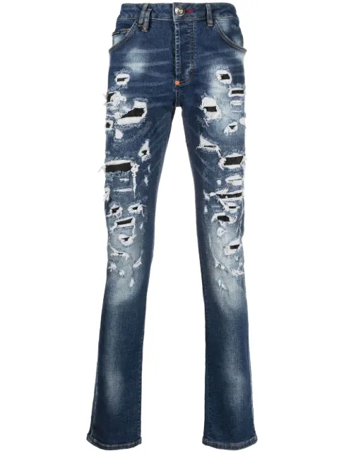 Philipp Plein distressed straight-leg jeans Blue SACCMDT3436PDE004N