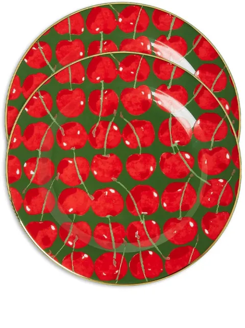 La DoubleJ Cherries Verde-print dessert plates (set of 2) Red DIS0063CER001CHY0004
