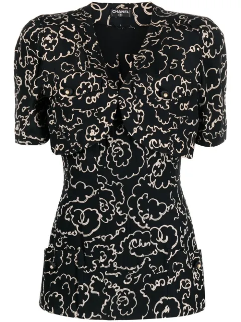 CHANEL Pre-Owned 1993 camélia print short-sleeved blouse Black CHA2500DOR