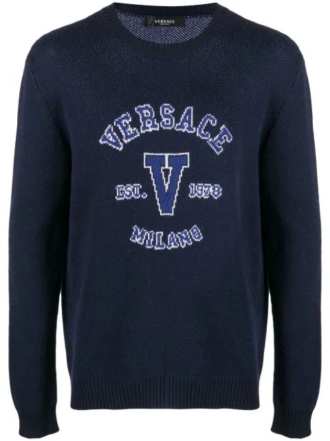 Versace intarsia-knit logo jumper Blue 10079831A05698