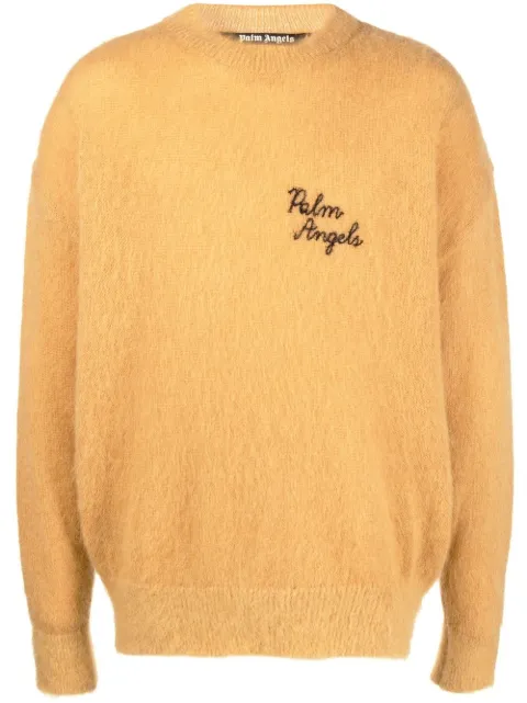 Palm Angels palm-motif crew-neck jumper Yellow PMHE007F22KNI0026118