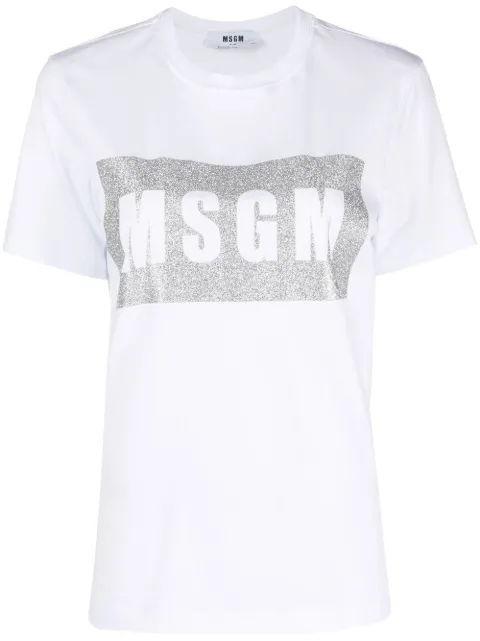 MSGM logo-print glitter T-shirt White 3441MDM520G237002