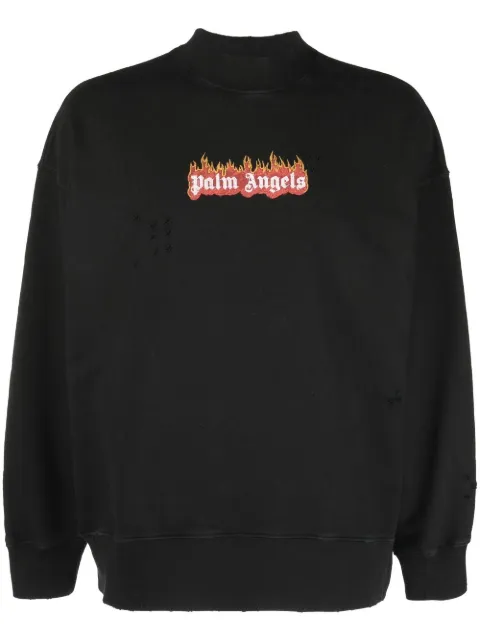 Palm Angels Burning Logo-print distressed sweatshirt Black PMBA065F22FLE0041001