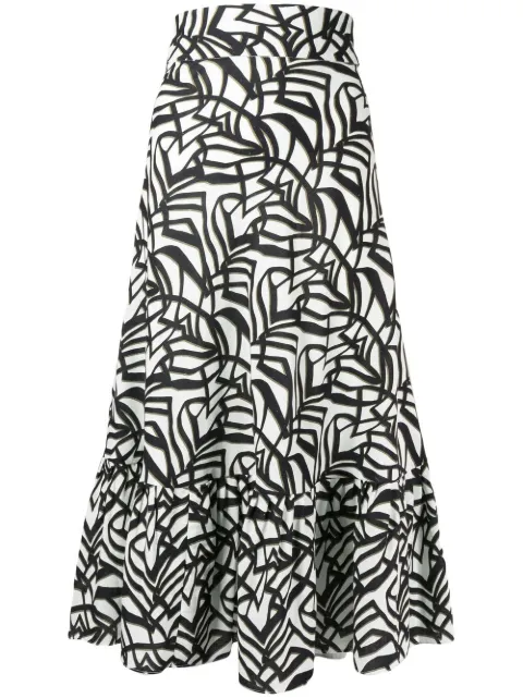 Bambah geometric-print ruffle midi skirt White BMSS2310