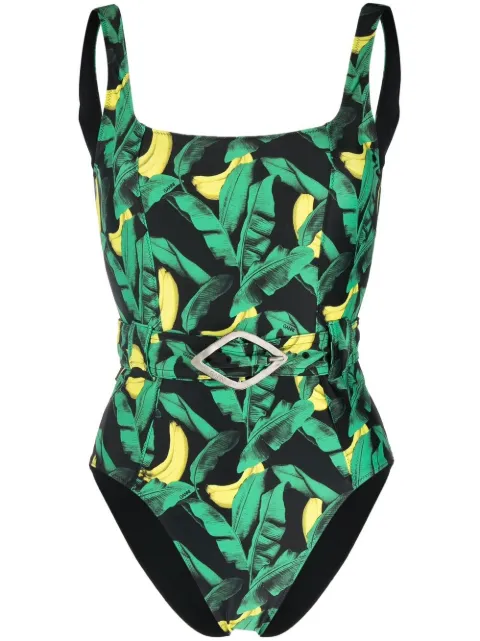 GANNI banana tree-print belted swimsuit Green A4308