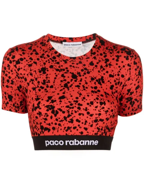 Rabanne paint-splatter print jersey crop top Red 22AJTO002VI0234